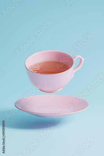 Cup with tea floating above a pink saucer on a blue background in a creative display of balance and color