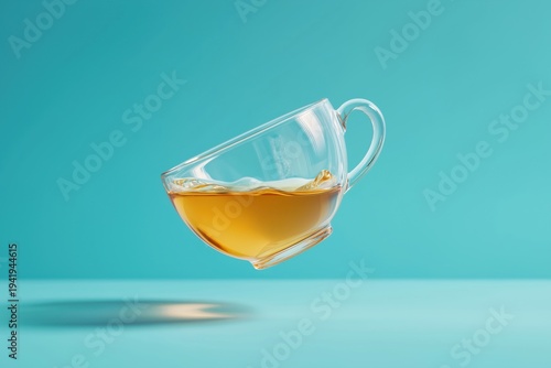 Clear glass cup with tea floating in the air on a blue background during daytime