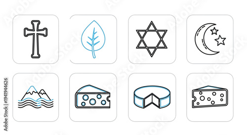 Simple icon set featuring religious symbols, nature, mountains, and cheese