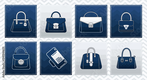 Elegant handbag icons set on zigzag background for fashion design