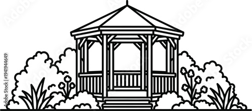 Black and white line drawing of a gazebo in a garden