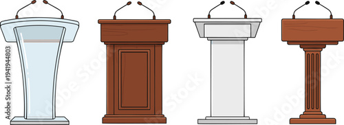 Professional public speaking podium and lectern vector collection featuring various wood and glass designs with microphones for conferences and speeches.