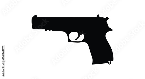 A stark black firearm depicted in a minimalist style emphasizing shape and form silhouette