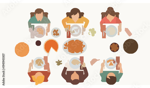 Thanksgiving family dinner top view vector with turkey pumpkin pie and apple pie holiday table scene