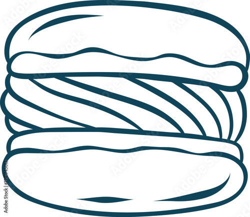 Doodle style macaron with Mediterranean blue outline. Clean hand-drawn vector of French almond cookie for dessert menus or bakery marketing