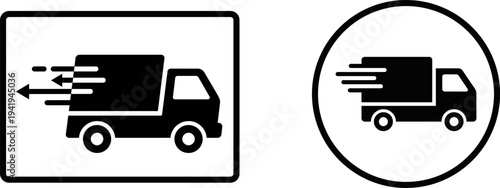 Professional logistics and transportation icons for business and commercial use, depicting moving trucks in motion