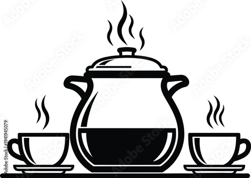 Steaming coffee pot and cups
