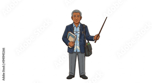 Mature university professor or lecturer holding books and pointer stick vector illustration
