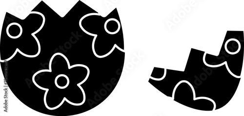 Cracked Easter egg black silhouette isolated.
Easter egg cracked in half  flat vector illustration.
Transparent background. SVG.