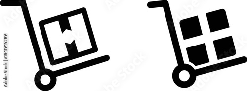 Logistics icons of hand truck with document and boxes on wheels