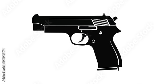 A stark black outline of a semi automatic handgun digitally rendered as a clean silhouette high quality