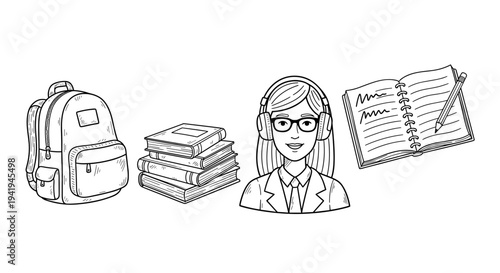 A cheerful woman with a bob haircut smiles brightly while studying an open book with a pencil, surrounded by symbols of achievement and love.