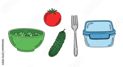 A fresh and colorful hand-drawn illustration of healthy eating essentials: green bowl, tomato, cucumber, fork, and a blue lunch box.