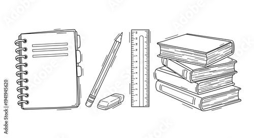 A hand-drawn collection of essential academic supplies: spiral notebook, pencil, eraser, ruler, and a stack of books.