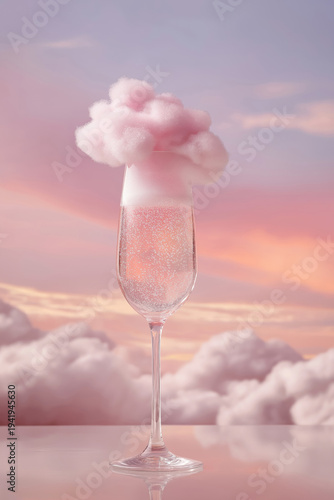 Sweet drink topped with cotton candy sits in a glass against a pink and blue sky with clouds at sunset