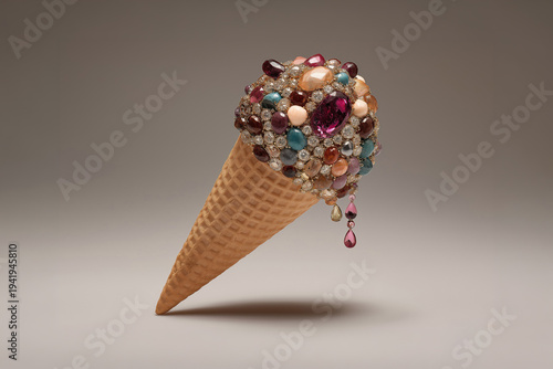 Colorful ice cream cone made of jewels sits on a simple background and drips gems at a creative art display in a studio setting