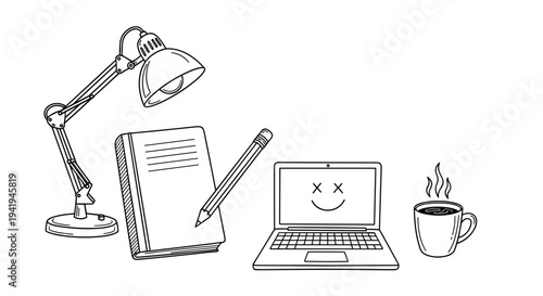 A simple hand-drawn illustration depicts a productive workspace, featuring a desk lamp, a notebook, a pencil, a laptop, and a steaming cup of coffee.