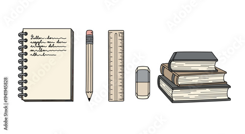 A hand-drawn illustration features essential school supplies, including a spiral notebook, a pencil, a ruler, an eraser, and a stack of classic books.