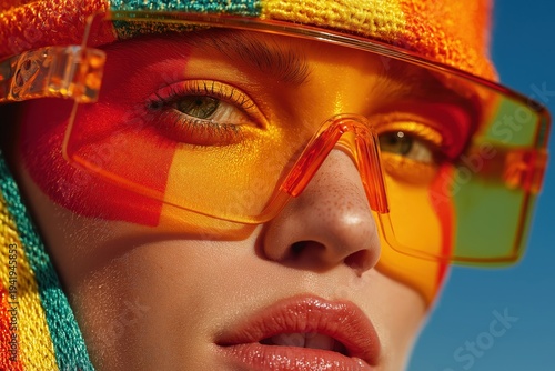 Model poses in bright sunglasses with bold colors against a clear sky during a fashion photoshoot in an outdoor setting