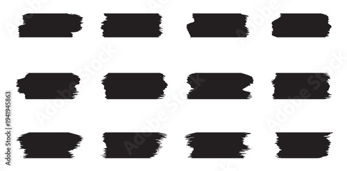 Black paint brush banner set. Rough grunge brush stroke label shapes vector.