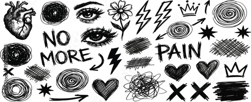 Scribble doodle elements for poster, social media. Handwritten love, mad, irritation, anger doodles. Rough emotional hand drawn ball pen sketch grunge illustrations. Chaotic freehand pencil drawings. 
