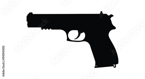 A stark black silhouette of a handgun presented in profile against a white backdrop silhouette