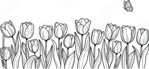 A black and white drawing of a butterfly flying over a field of tulips