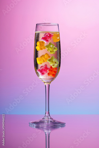 Colorful gummy bears floating in a glass of bubbly drink against a pastel background