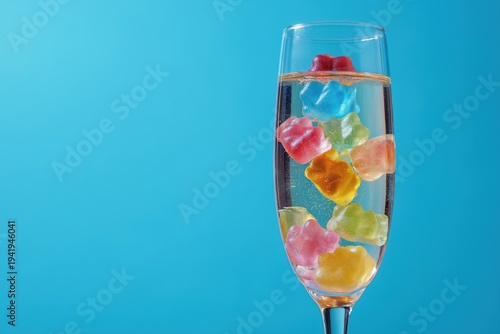 Colorful gummy bears float in a glass of sparkling drink on a blue background during a sunny afternoon