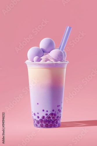 Delightful purple drink with ice cream and tapioca pearls served in a clear cup