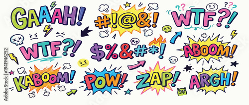 Colorful crayon swear words and curses lettering imitation collection. Hand drawn doodle lettering with skull, typography symbols, doodle character elements. Vector ink swear illustration.