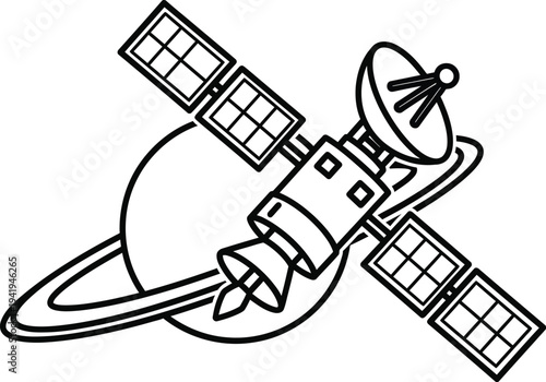 Satellite in orbit around a planet with solar panels and dish antenna