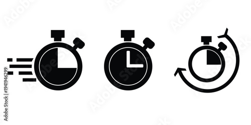Stopwatch timer icon set. Time speed, reset, and countdown clock symbols vector.