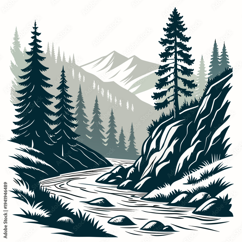 Fototapeta premium Mountain forest landscape with river and trees