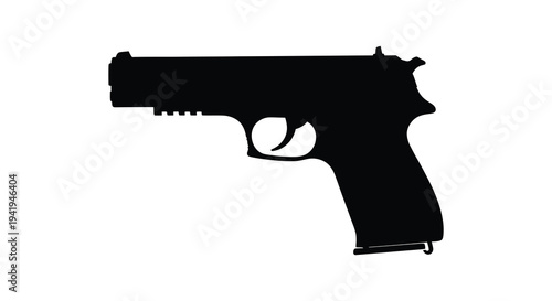 A stark depiction of a handgun in black focusing on its form and function silhouette