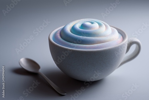 Colorful dessert in a white bowl with a spoon on the side on a smooth surface in a simple cafe setting
