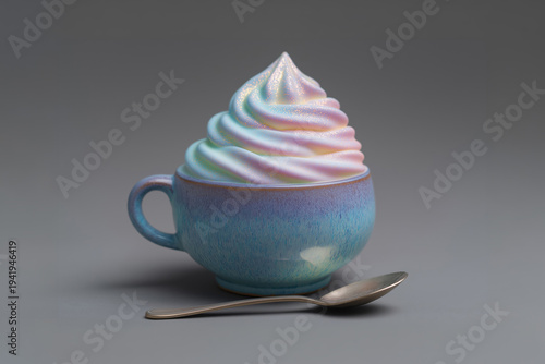 Colored soft serve ice cream in a blue cup with a silver spoon placed beside it on a gray background