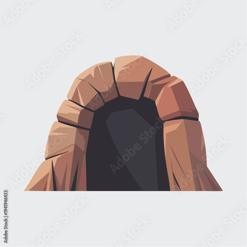 Ancient stone cave entrance illustration with rugged rocks and dark passageway viewed from outside in a serene environment
