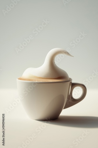Soft serve coffee in a white cup on a light background with a unique frothy design