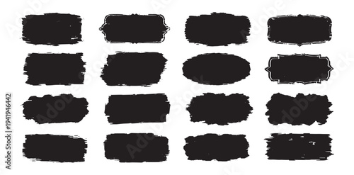 Grunge brush stroke patterns black squares and circle on white background