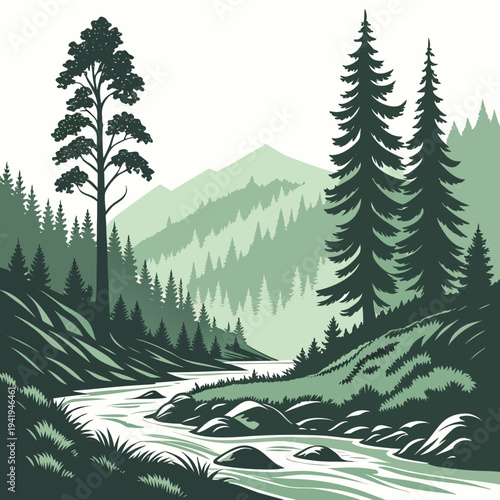Green mountain forest landscape with river and trees