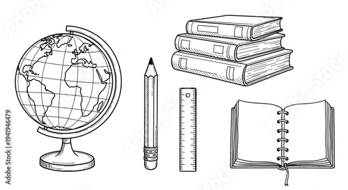 A comprehensive hand-drawn illustration featuring essential educational and learning tools, including a globe, writing instruments, a ruler, stacked books, and an open book.