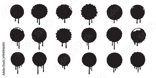 Grunge ink circle stamp set. Rough paint splash round badge texture vector.