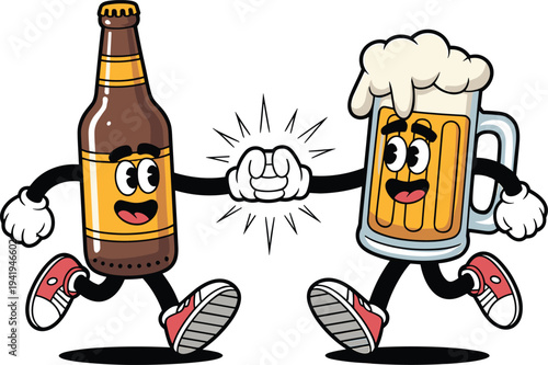 Beer bottle and mug cartoon mascots fist bumping with foam, funny craft beer characters vector illustration for brewery branding, pub promotion and drink design