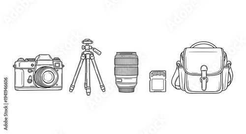 A monochrome illustration features essential professional photography equipment: a vintage camera, tripod, zoom lens, memory card, and a camera bag.