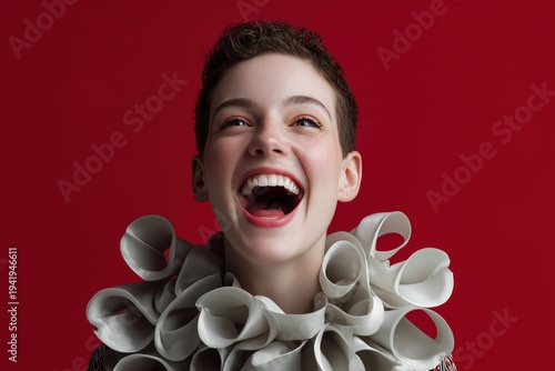 Person laughing while wearing a ruffled collar against a red background in a creative design setting