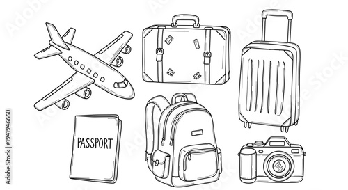 This monochrome illustration features essential travel items: an airplane, classic suitcase, wheeled luggage, passport, backpack, and a camera.
