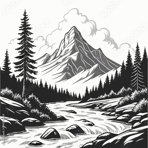 Black and white mountain landscape with pine trees and rushing river 1