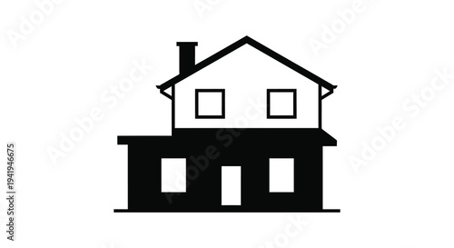 A stark black house graphic with a simple gable roof and rectangular windows silhouette high quality