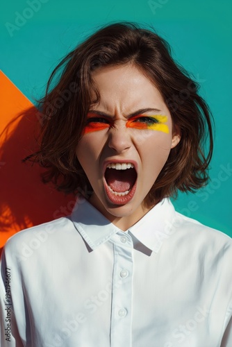 Girl shouts with colorful face paint in front of a bright background during a creative photoshoot in a studio setting